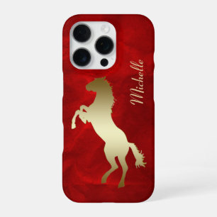 Funda Para iPhone 16 Pro Caballo dorado en alto relieve Silueta Rojo