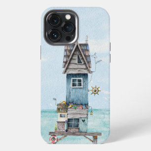 Funda Para iPhone 13 Pro Max Cabaña de playa de acuarela azul extravagante