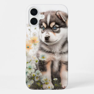 FUNDA PARA iPhone 16 PLUS CACHORRO DE PERRO HUSKY SIBERIANO ADORABLE EN FLOR