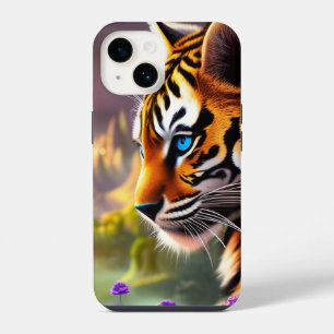 Funda Para iPhone 14 Cachorro de Tigre, Flores Purpura