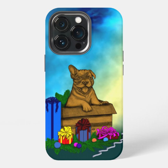 Funda Para iPhone Cachorro en una caja, Feliz Navidad (Reverso )