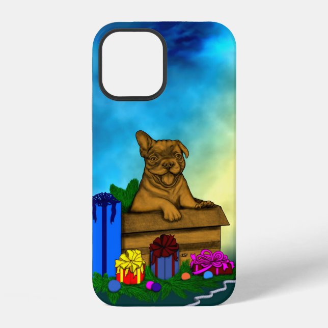 Funda Para iPhone Cachorro en una caja , Feliz Navidad (Reverso )