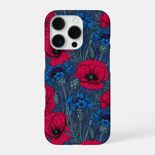Funda Para iPhone Cachorros rojos y flores azules en azul (Reverso)