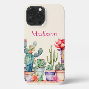 Funda Para iPhone 13 Pro Max Cacti Potado Colorido Y Suculentos Con Nombre