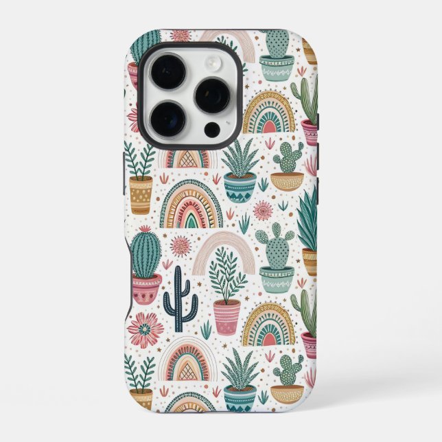 Funda Para iPhone Cactus Pot with Plants, Flowers and Rainbows (Reverso )
