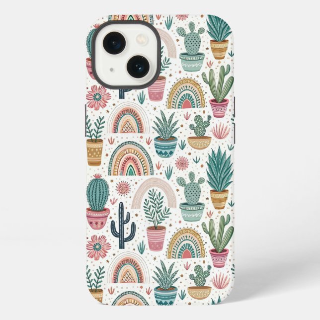 Funda Para iPhone Cactus Pot with Plants, Flowers and Rainbows (Reverso )