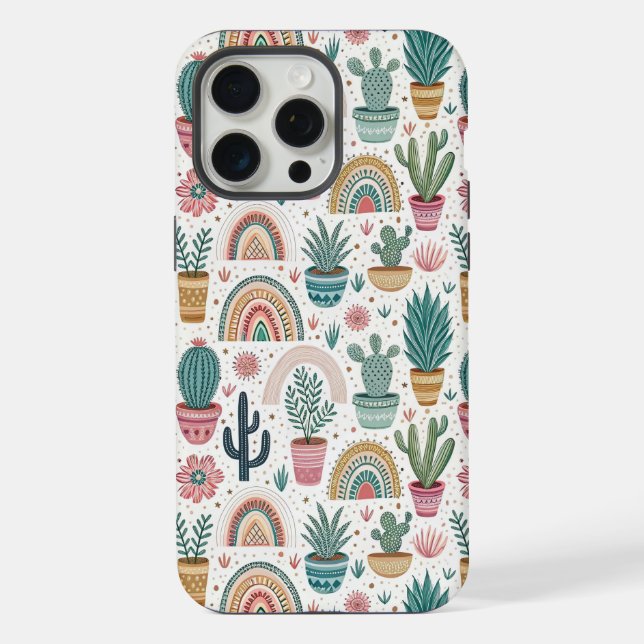 Funda Para iPhone Cactus Pot with Plants, Flowers and Rainbows (Reverso )
