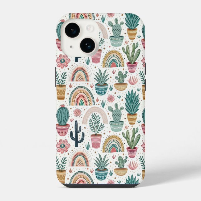 Funda Para iPhone Cactus Pot with Plants, Flowers and Rainbows (Reverso )