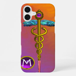 Funda Para iPhone 16 Plus CADUCEO MÉDICO DE ORO SÍMBOLO Monograma de Gema Pú