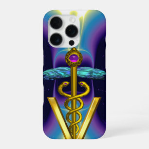 Funda Para iPhone 16 Pro CADUCEO VETERINARIO DE ORO SÍMBOLO / Azul Púrpura