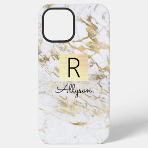 Funda Para iPhone 12 Pro Max Caja dorada con mármol blanco y dorado, nombre y m