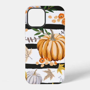 Funda Para iPhone 12 Calabazas naranjas de otoño, flores, hojas, rayas