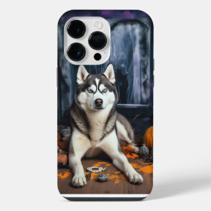 Funda Para iPhone 14 Pro Max Calabazas Siberian Husky Halloween Espeluznantes