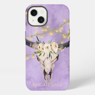 Calavera floral boho personalizada y luces púrpura