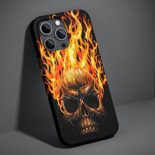 Funda Para iPhone 16 Pro Max Calavera gótica con patrón de llamas de fuego amar