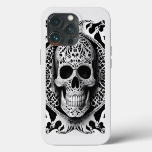 Funda Para iPhone 13 Pro Calavera sonriente de encaje en blanco y negro esp