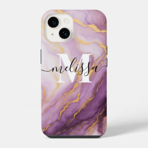 Funda Para iPhone 14 Caligrafía de Monograma de Mármol Púrpura Abstract