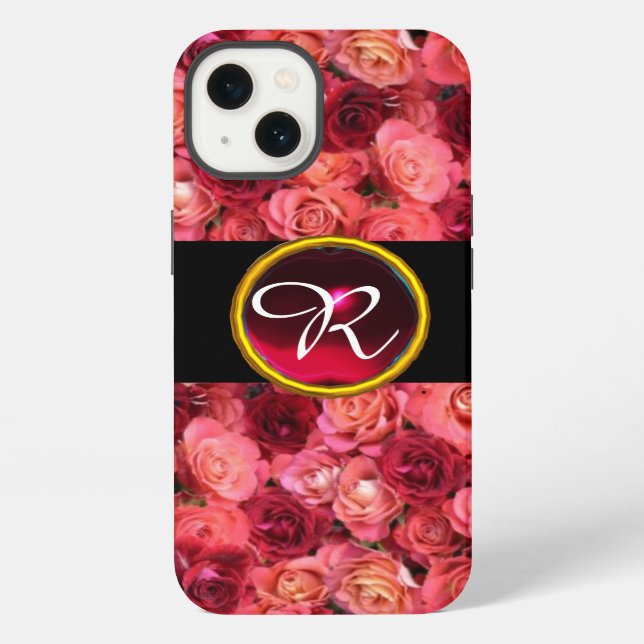 FUNDA PARA iPhone CAMPO DE ROSAS ROSADAS ROJAS ,MONOGRAMA DE PIEDRA  (Reverso )