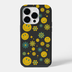 Funda Para iPhone 14 Pro cara sonriente divertida y flores maravillosas