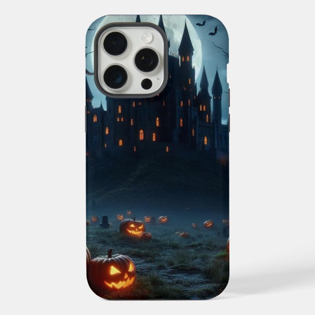 Funda Para iPhone Castillo oscuro, medieval, murciélagos y calabazas (Reverso )
