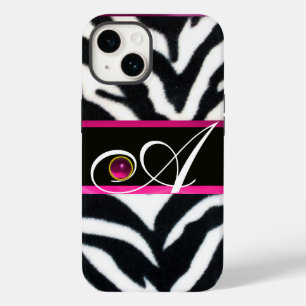 Funda Para iPhone 14 CEBRA DE PELAJE NEGRO BLANCO FUCsia MONOGRAMA DE G
