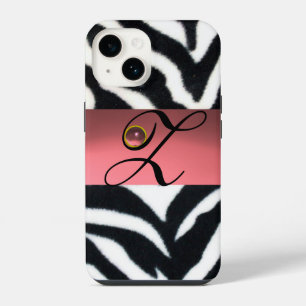 FUNDA PARA iPhone 14 CEBRA DE PELAJE NEGRO BLANCO MONOGRAMA DE GEMA ROS