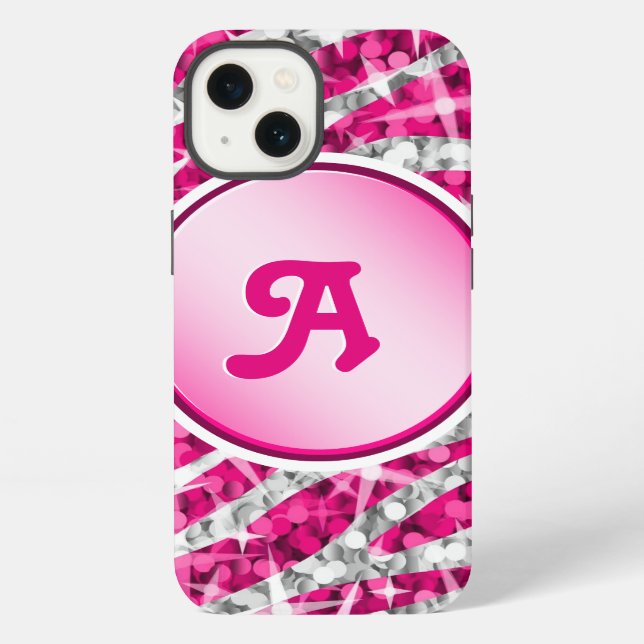 Funda Para iPhone Cebra Glitz rosa monograma estampado en rosa (Reverso )