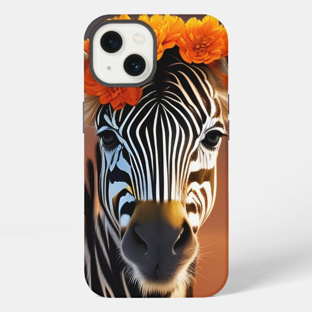 Funda Para iPhone Cebra linda con flores naranjas (Reverso )