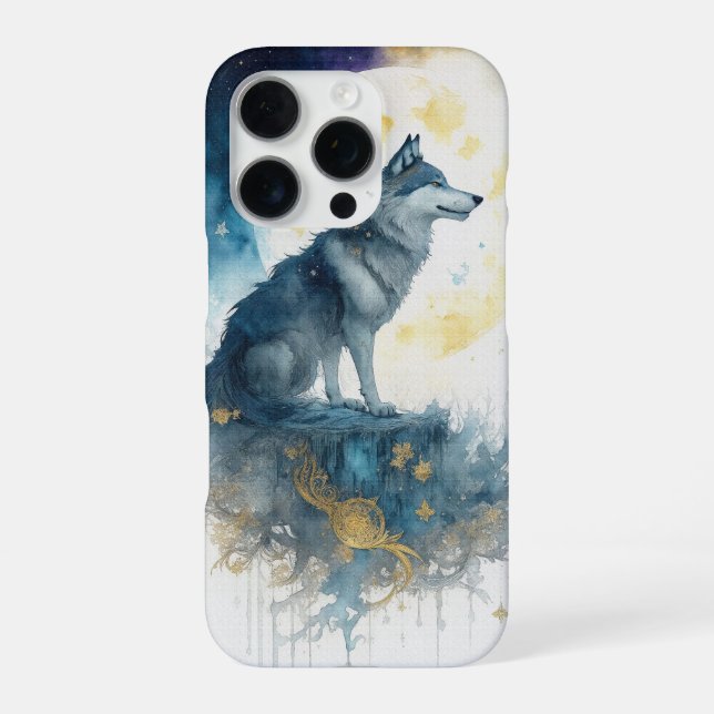 Funda Para iPhone Celestial Wolf Night Sky Gold Filigree iPhone 16 P (Reverso)