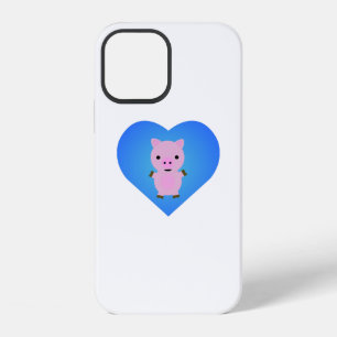 Funda Para iPhone 12 Cerdo Adorable con un Corazón Azul en el Fondo