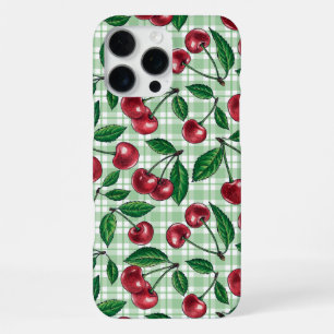 Funda Para iPhone 16 Pro Max Cerezas rojas en gingham verde claro