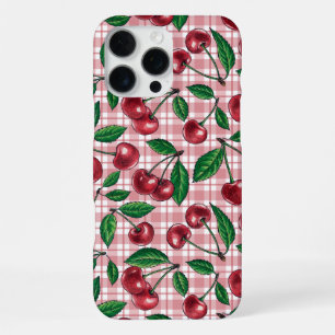Funda Para iPhone 16 Pro Max Cerezas rojas sobre gingham rosa