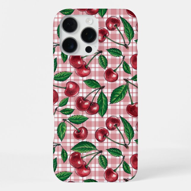 Funda Para iPhone Cerezas rojas sobre gingham rosa (Reverso )