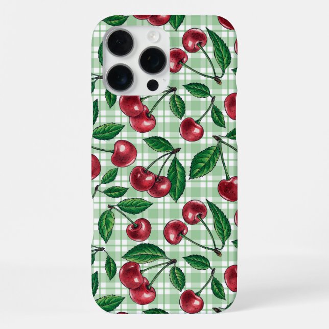 Funda Para iPhone Cerezas rojas sobre gingham verde claro (Reverso )