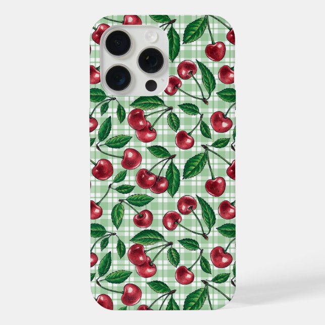Funda Para iPhone Cerezas rojas sobre gingham verde claro (Reverso )