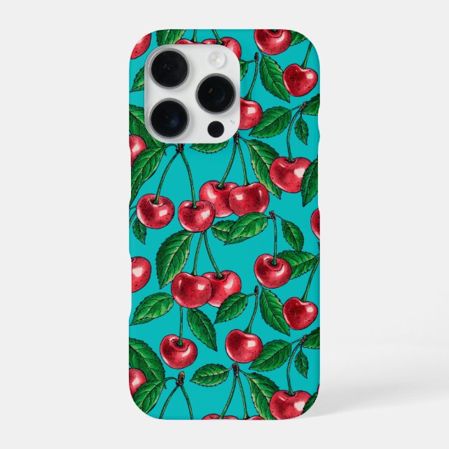 Funda Para iPhone Cerezas rojas sobre turquesa (Reverso)
