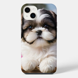 Funda Para iPhone 14 Plus Cesta de flores cachorro pequeño Shih Tzu