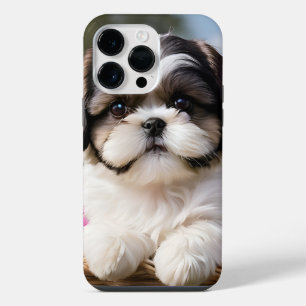 Funda Para iPhone 14 Pro Max Cesta de flores cachorro pequeño Shih Tzu