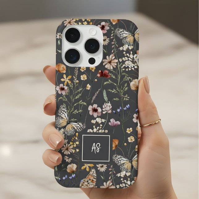 Funda Para iPhone Charcoal Gray Wildflowers Floral Monogrammed (Subido por el creador)