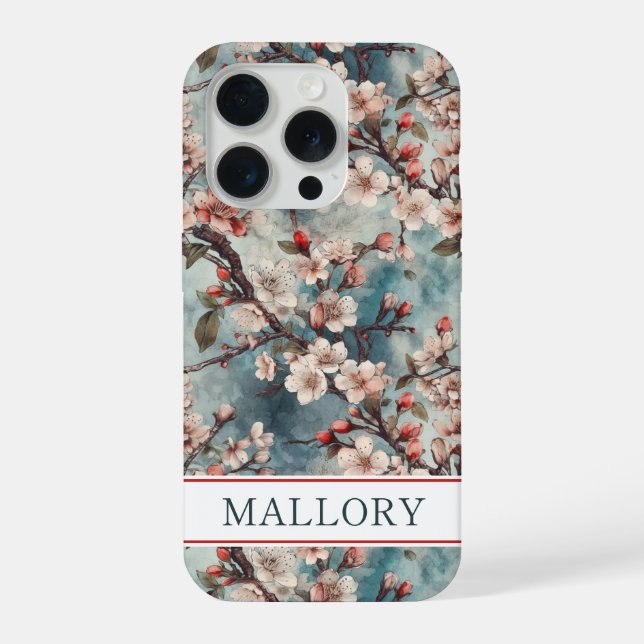 Funda Para iPhone Cherry Blossoms Teal Sakura Print Monogrammed (Reverso )