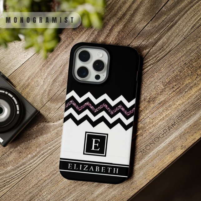Funda Para iPhone Chevron, Purpurina morado blanco personalizable (Customizable Black White Purple Glitter Chevron iPhone Case)