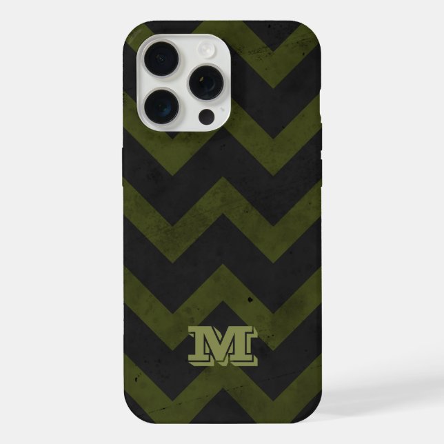 Funda Para iPhone Chevron verde verde del ejército gris oscuro Monog (Reverso )