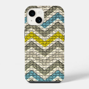 FUNDA PARA iPhone 14 CHEVRONES MOSAICOS AZULES GRIS Y BLANCO AMARILLO