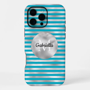 Funda Para iPhone 16 Pro Max Chic Aqua Rayas de Plata Monogram
