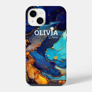 Funda Para iPhone 14 Chic azul aguamarina naranja mármol falso monogram