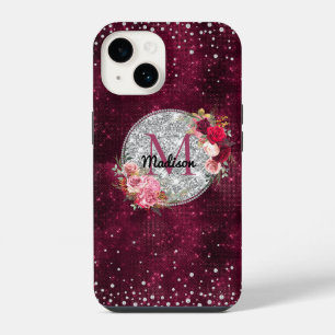 Funda Para iPhone 14 Chic falso Brillo Plateado Burgundy Floral monogra