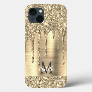 Chic Glitter Dorado Goteo Monograma Rosa Metal 