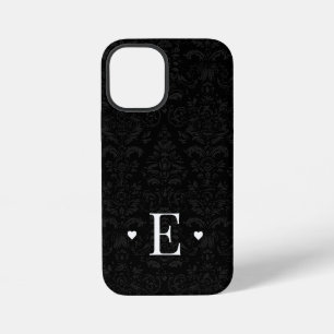 Funda Para iPhone 12 Mini Chic Minimal Corazón Inicial Monograma Damask Negr