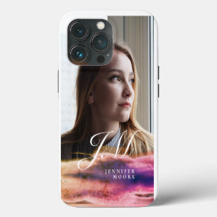 Funda Para iPhone 13 Pro Chic Personalizado Rosa Purpura Foto Monogramada