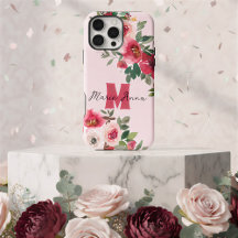 Chic Rosa Acuarela Burgundy Floral Nombre Personal